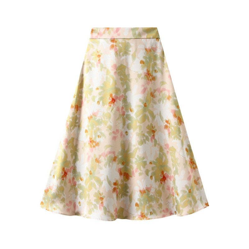 UZ Wholesale Store - Brilliant Satin Print Elastic Waist Drop Skirt: PINK / XL