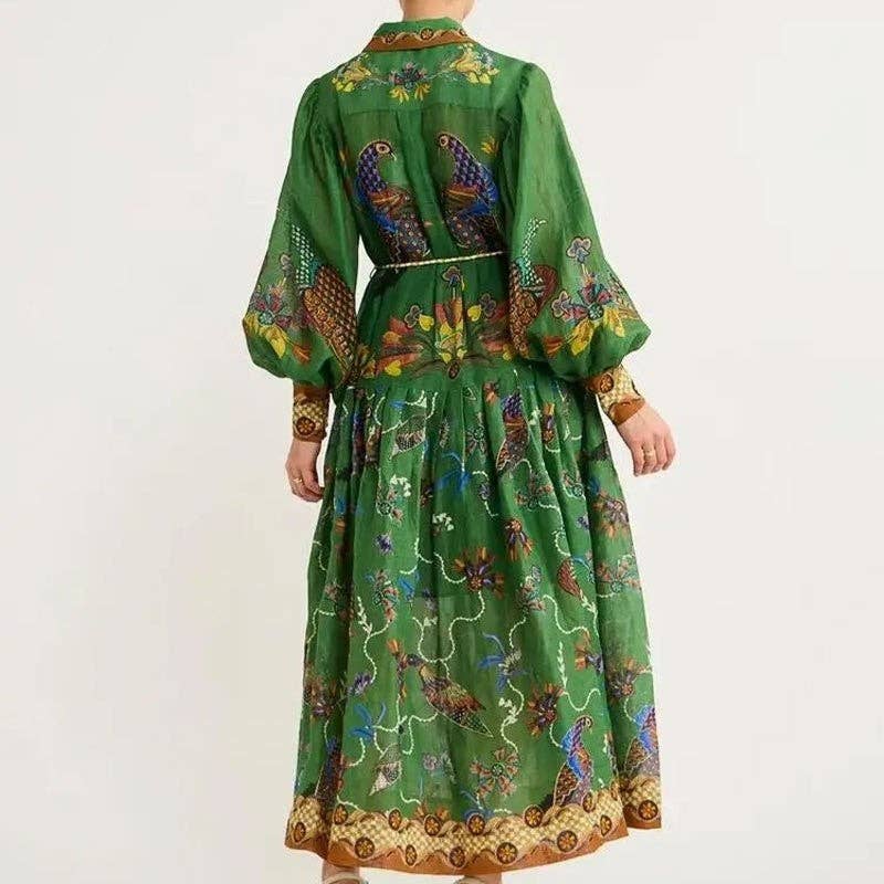UZ Store - Fashion Lantern Sleeve Tie-Dye Print Long Sleeve Dress
