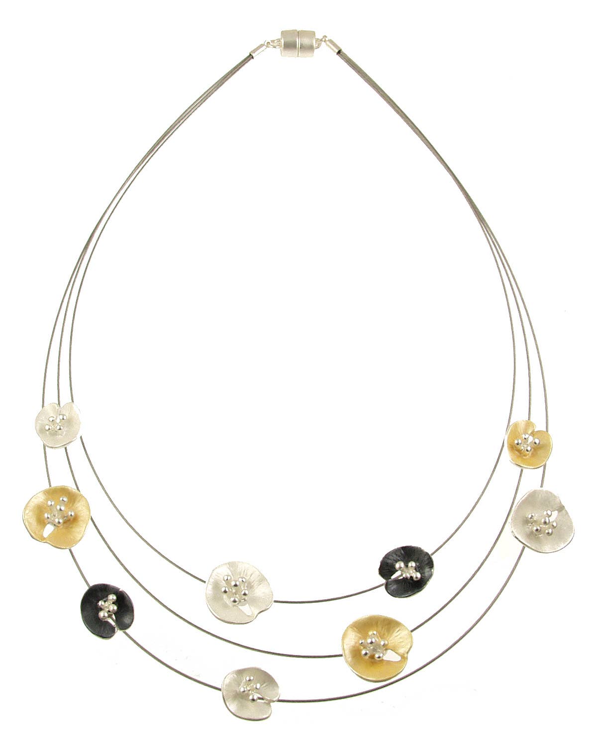 Origin Jewelry - Floral Lilypad Necklace, Three Strands, 18", Magnetic Clasp: Aqua