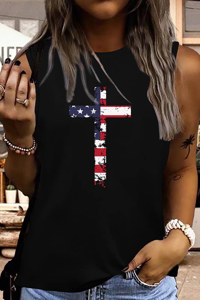 UNISHE - USA Flag Cross Christian Print Graphic Tank Top STC125D50: White / S