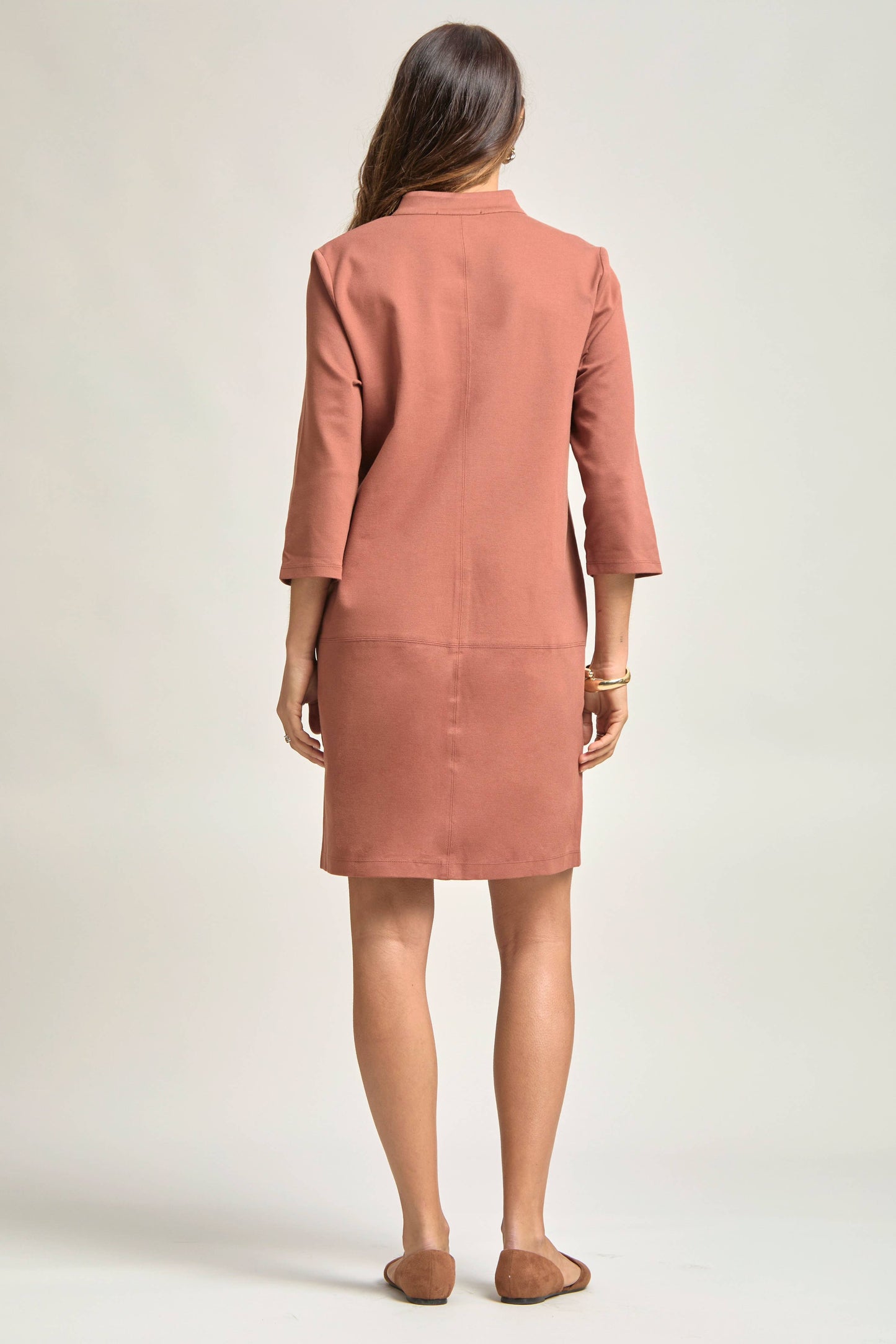 Dear Scarlett - Double Knit Ponte V-Neck A-Line Dress: CHOCOLATE