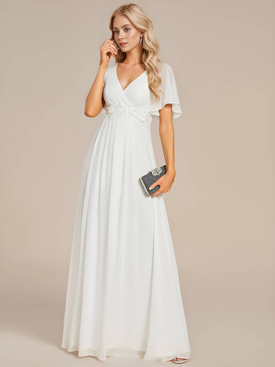 Ever-Pretty - V Neck Appliques Pleated Bridesmaid Dress: Dark Green / 24