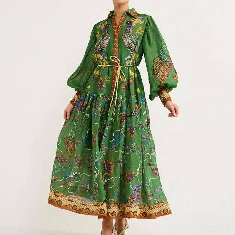UZ Store - Fashion Lantern Sleeve Tie-Dye Print Long Sleeve Dress