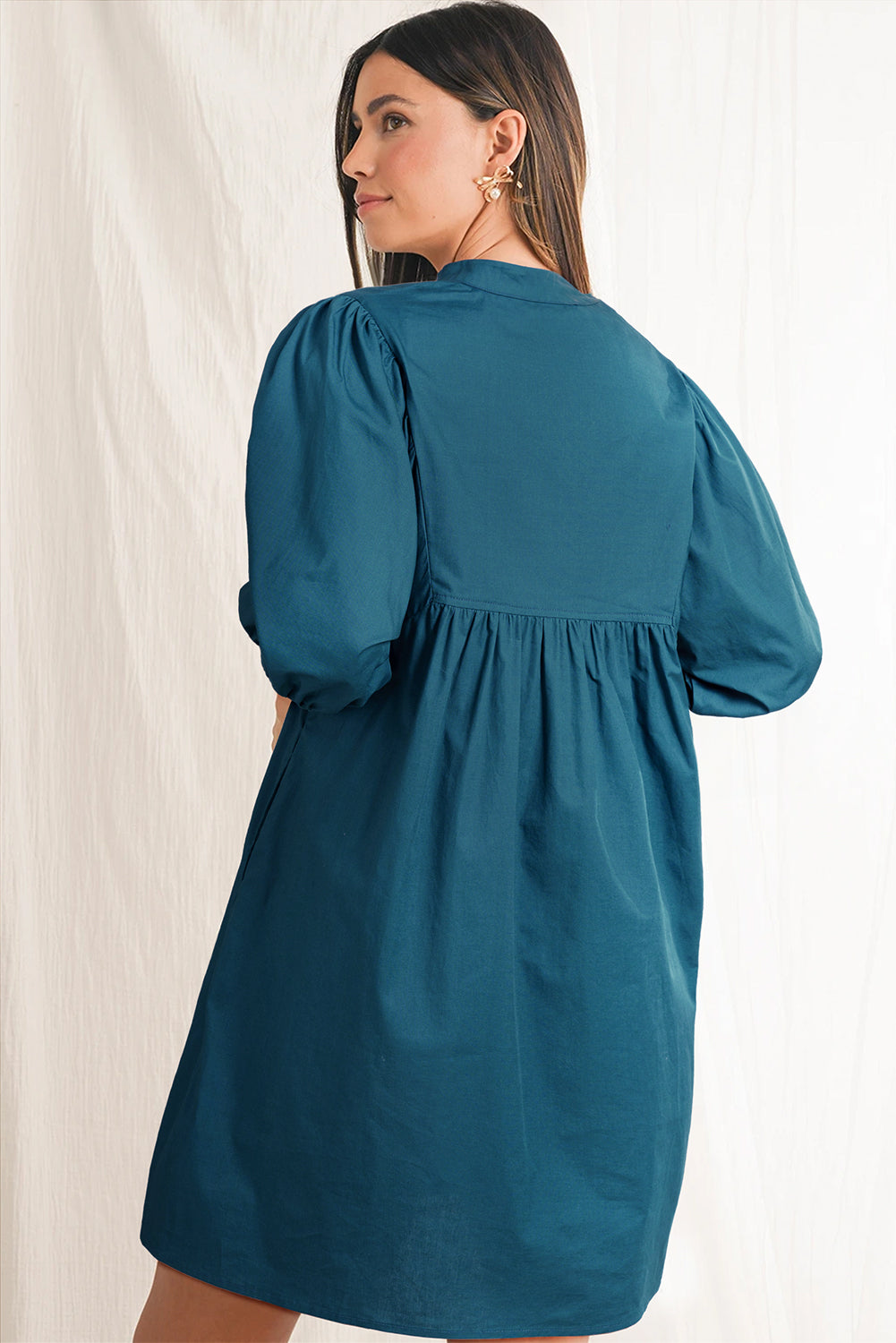 Blue Sapphire Patchwork V Neck Puff Sleeve Pleated Mini Dress