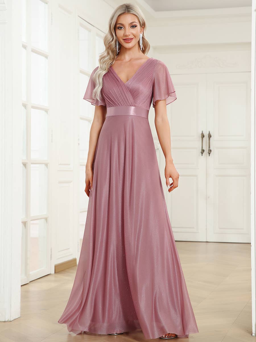 Ever-Pretty - Deep V Neck Ruffles Sleeve A Line Evening Dress: Dark Green / 24