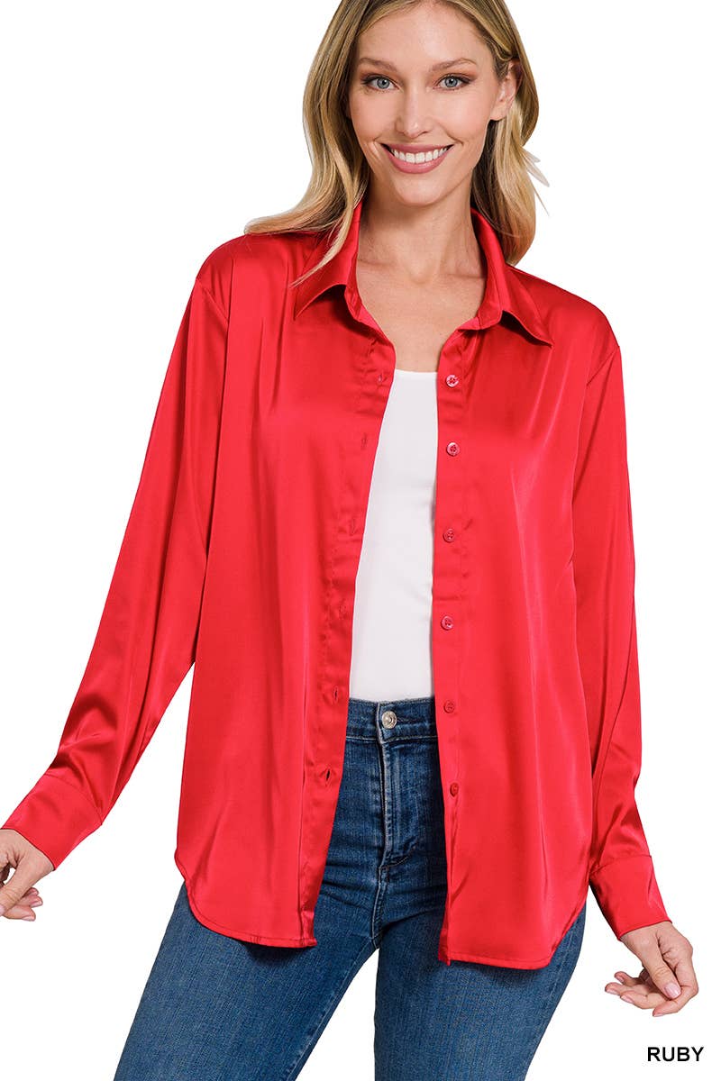 42POPS - ....SI-23622 SATIN CHARMEUSE BUTTON FRONT SHIRT: RUBY-153925 / XL