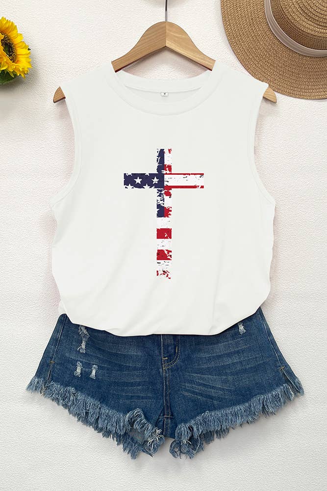 UNISHE - USA Flag Cross Christian Print Graphic Tank Top STC125D50: White / S