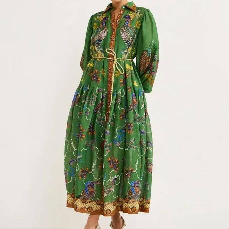 UZ Store - Fashion Lantern Sleeve Tie-Dye Print Long Sleeve Dress
