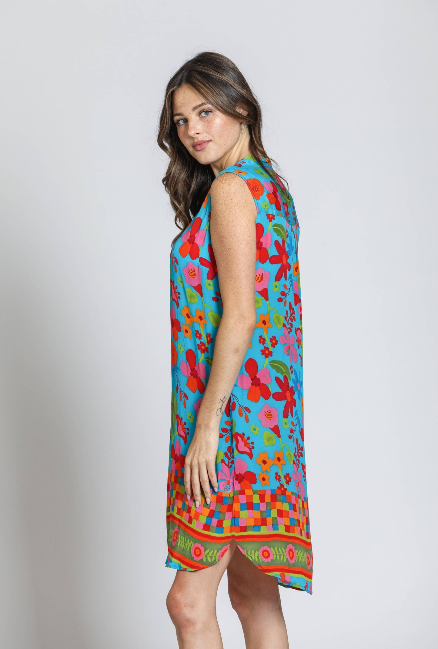 APNY - Sleeveless 1/2 Button-Up Dress - Blue Multi: Blue Multi / M