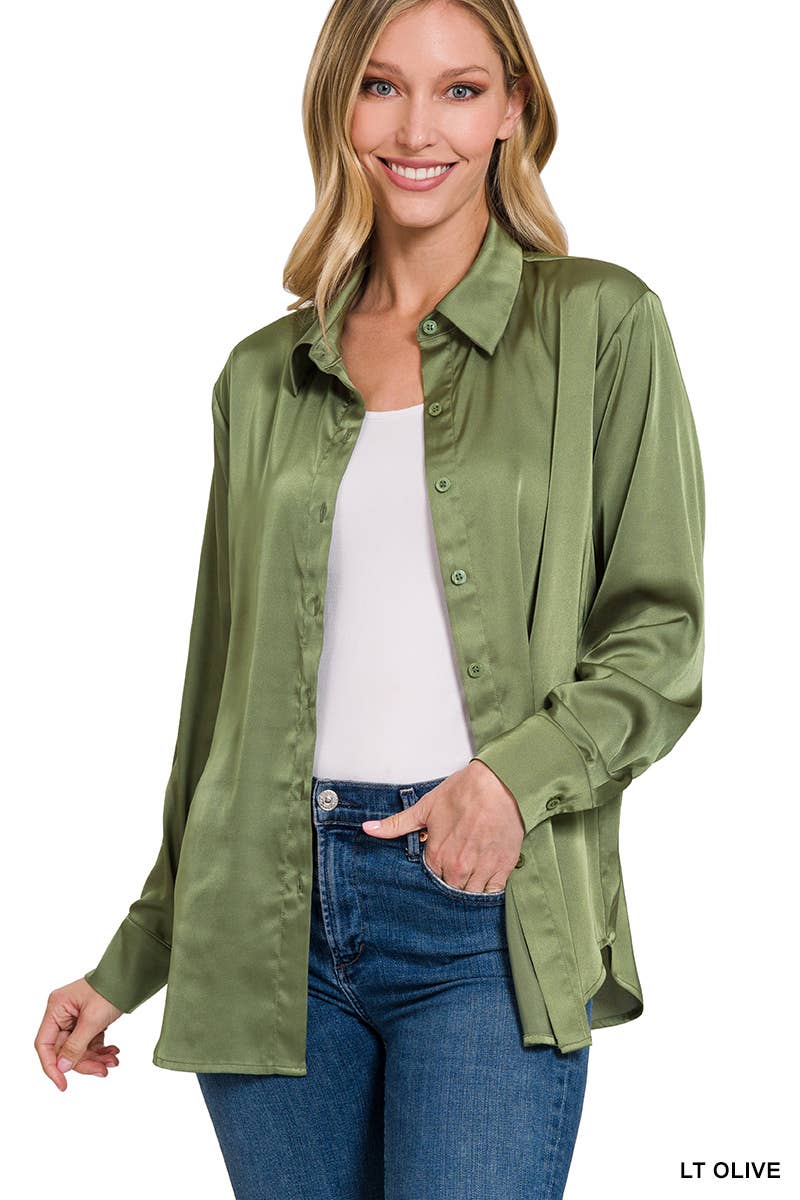 42POPS - ....SI-23622 SATIN CHARMEUSE BUTTON FRONT SHIRT: RUBY-153925 / XL