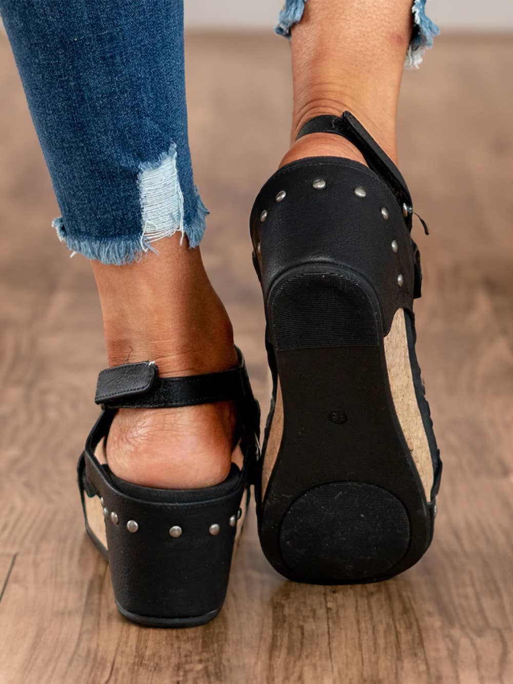 Vintage Leather Stitching Studded Wedge Sandals: shipping available