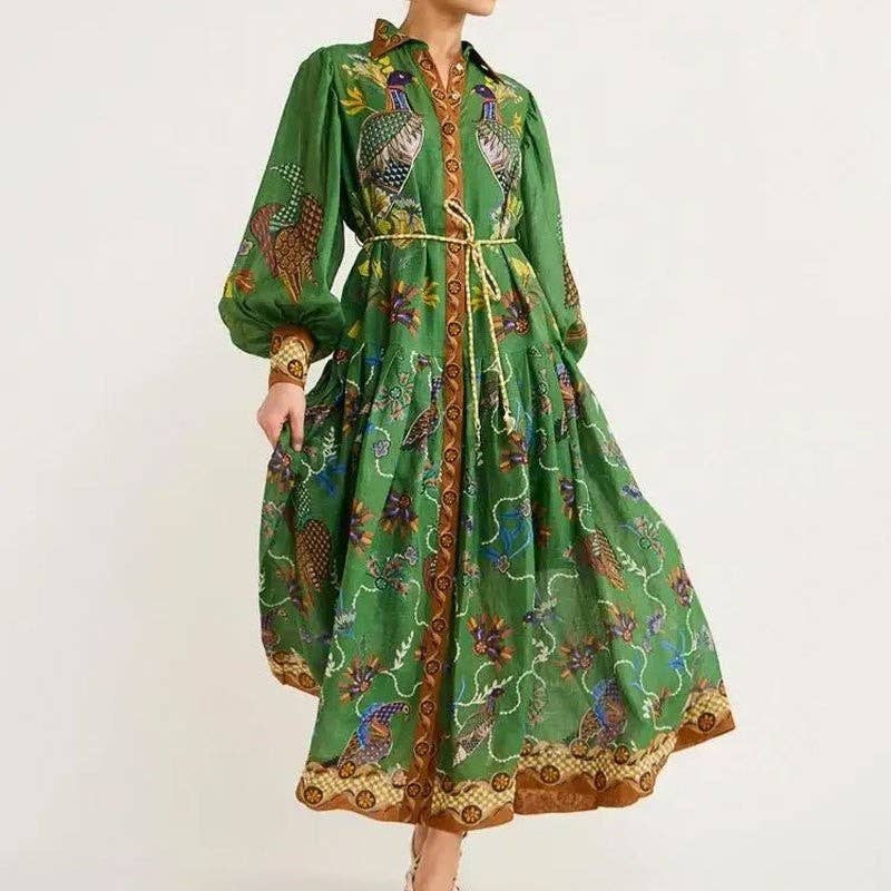UZ Store - Fashion Lantern Sleeve Tie-Dye Print Long Sleeve Dress