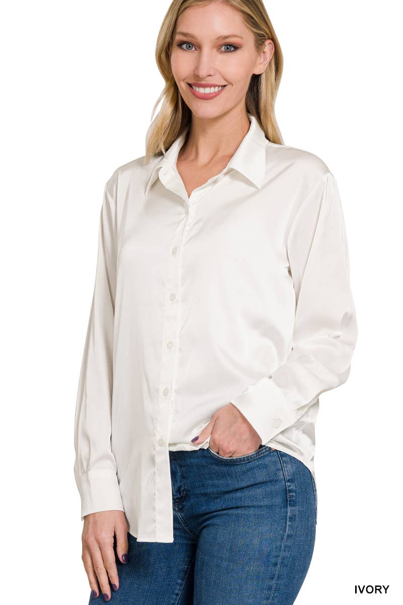 42POPS - ....SI-23622 SATIN CHARMEUSE BUTTON FRONT SHIRT: RUBY-153925 / XL