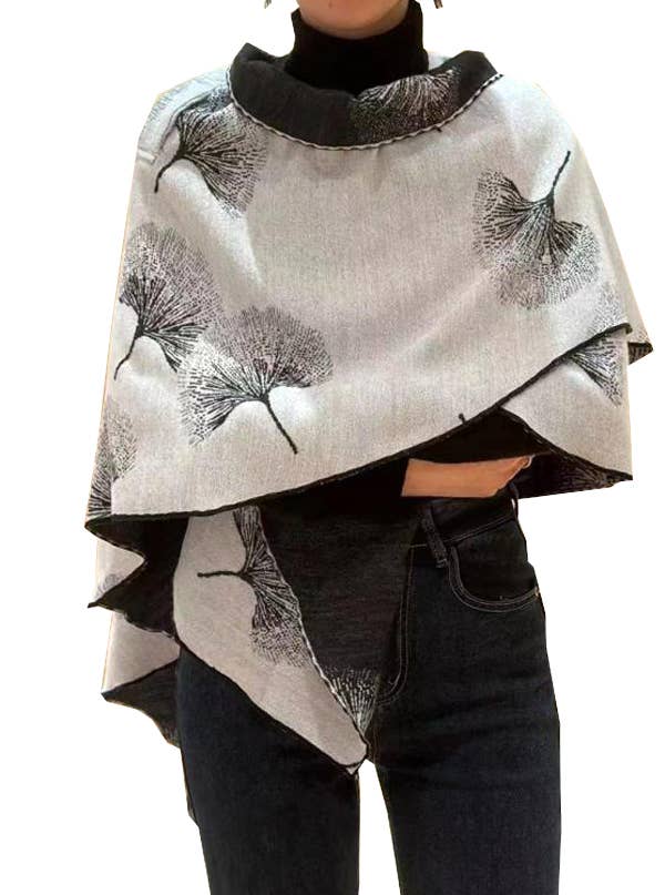 Winding River - Cozy Cashmere Like Black/White Ginkgo Reversible Short Wrap