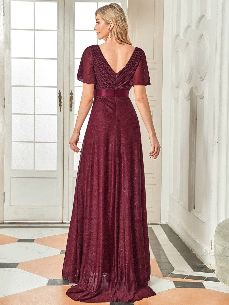 Ever-Pretty - Deep V Neck Ruffles Sleeve A Line Evening Dress: Dark Green / 24