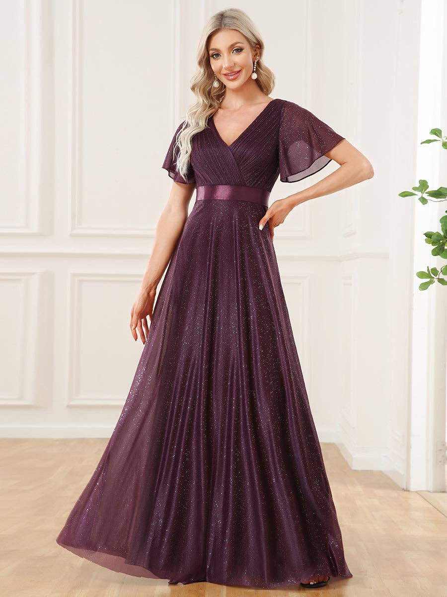 Ever-Pretty - Deep V Neck Ruffles Sleeve A Line Evening Dress: Dark Green / 24