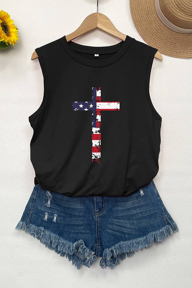 UNISHE - USA Flag Cross Christian Print Graphic Tank Top STC125D50: White / S