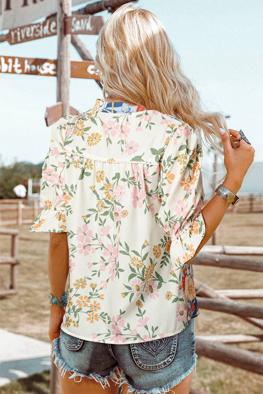 fashionworks - Crochet Boho Half Sleeve Floral Blouse-Missy & Plus Sizes
