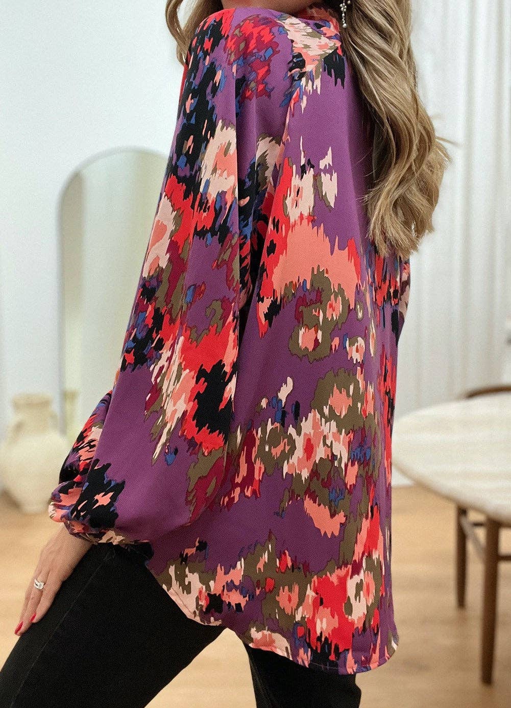 Secret Style Source - Painterly V-Neck Bubble Sleeve Top: Purple / S