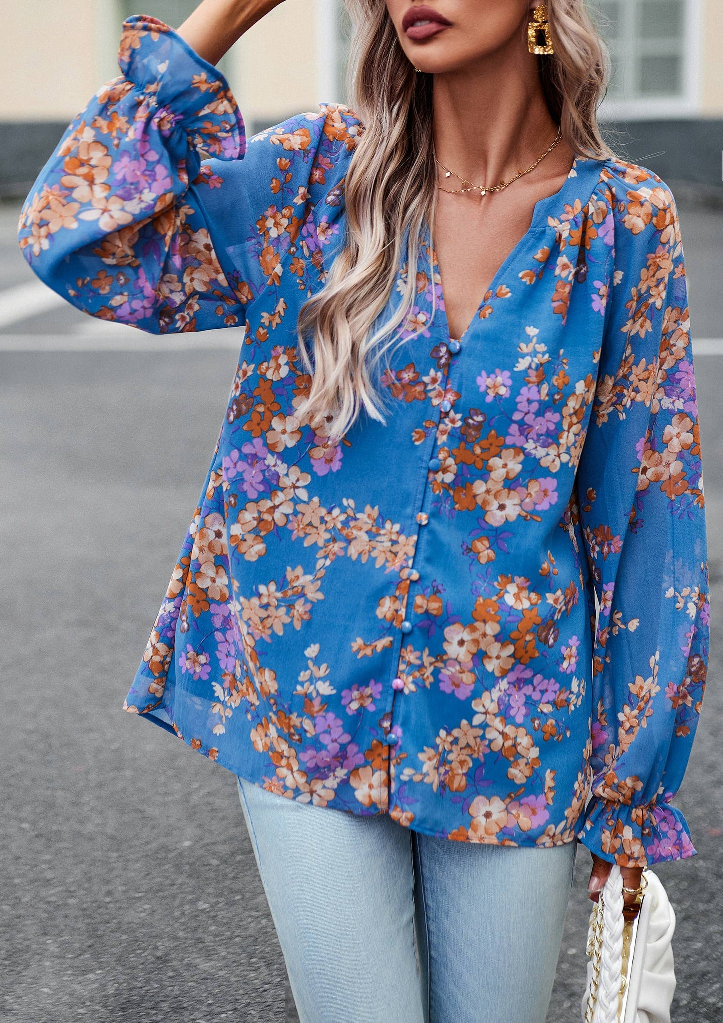 ePretty - Floral Button Down Long Sleeve Blouse SZ25-TP32012: Beige / L