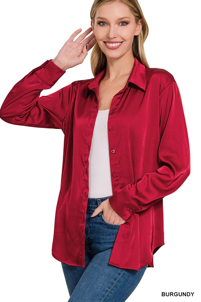 42POPS - ....SI-23622 SATIN CHARMEUSE BUTTON FRONT SHIRT: RUBY-153925 / XL