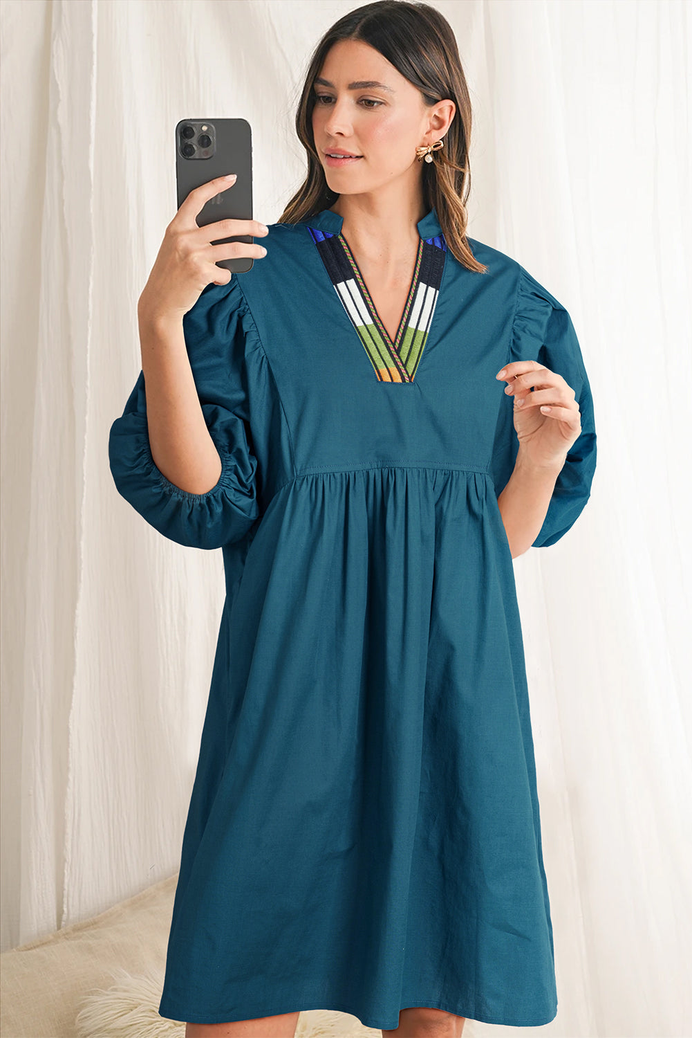 Blue Sapphire Patchwork V Neck Puff Sleeve Pleated Mini Dress