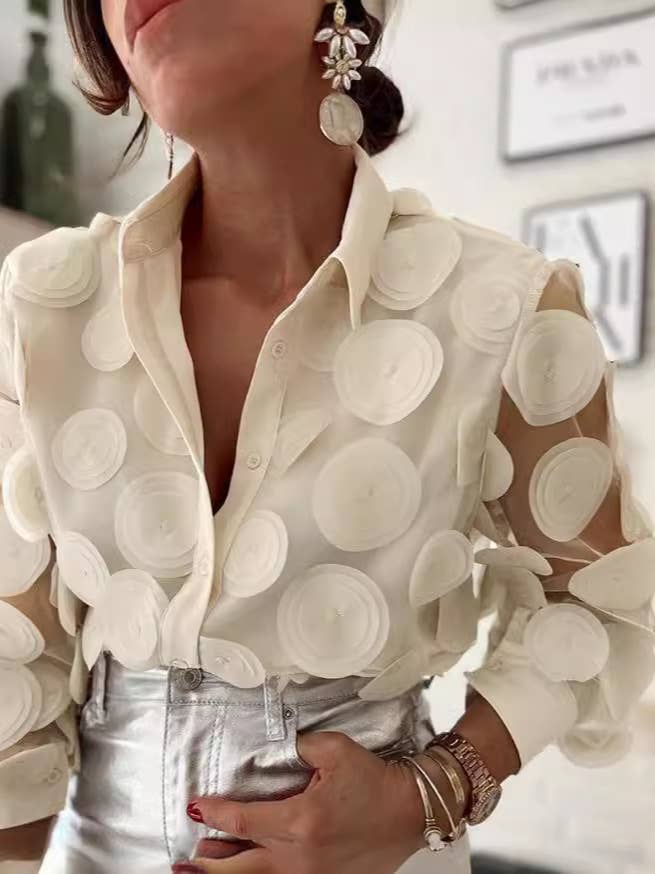 UZ Wholesale Sheer Mesh Embroidered Long Sleeve Shirt: L