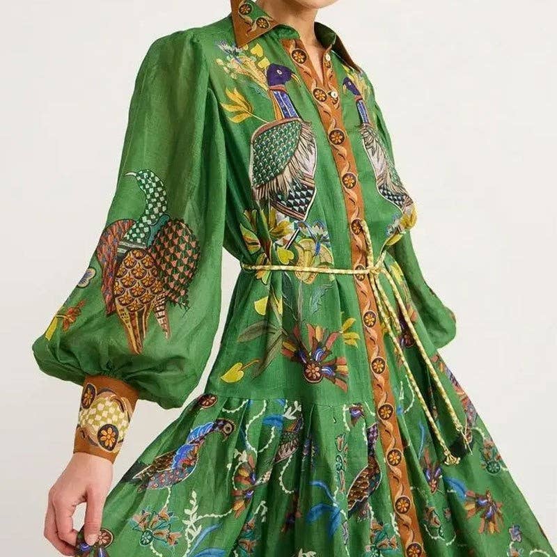 UZ Store - Fashion Lantern Sleeve Tie-Dye Print Long Sleeve Dress