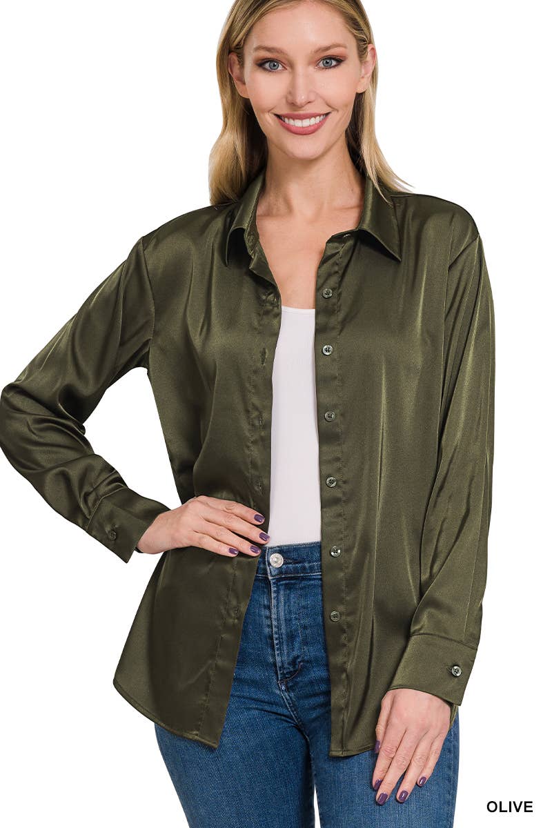 42POPS - ....SI-23622 SATIN CHARMEUSE BUTTON FRONT SHIRT: RUBY-153925 / XL