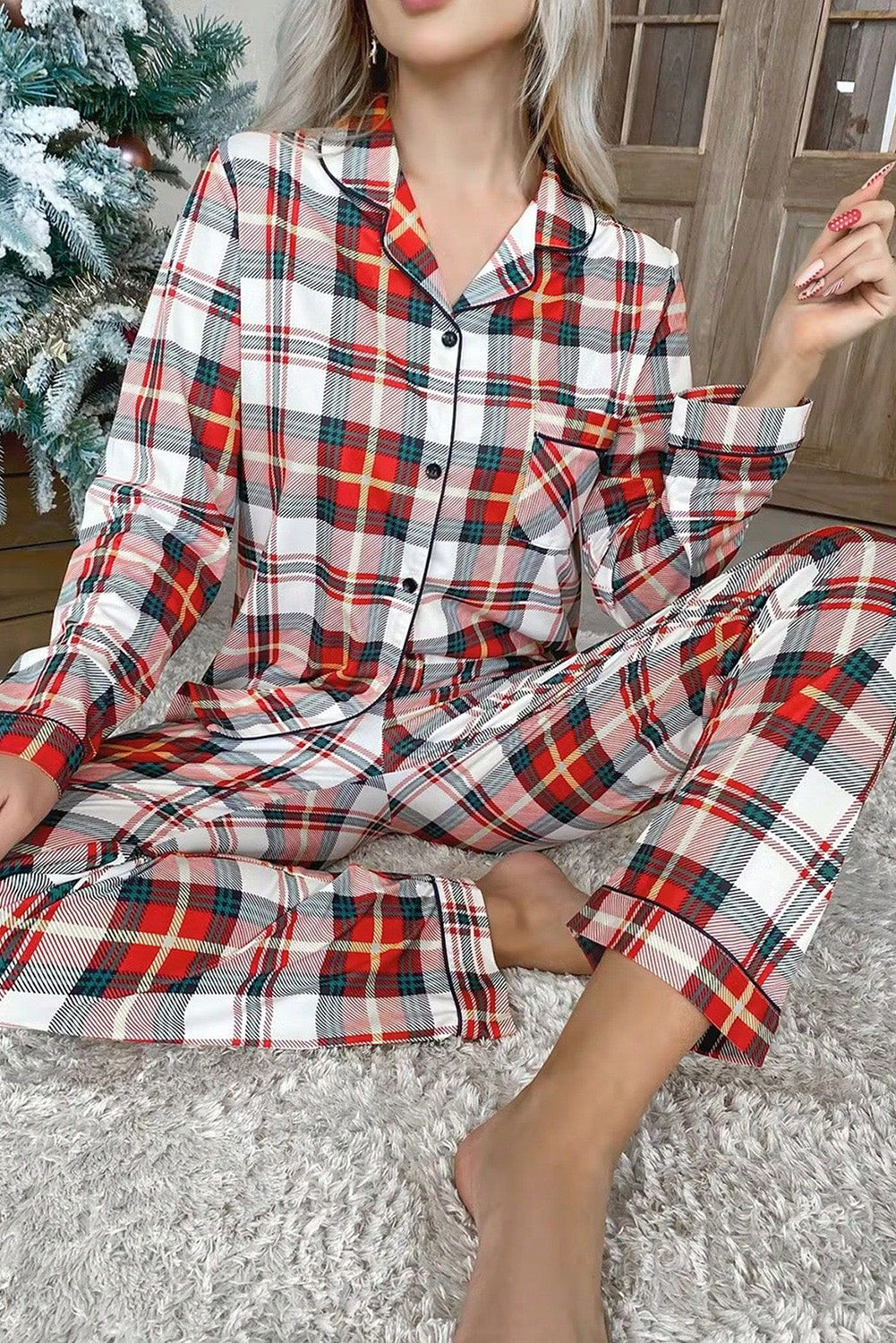 Plaid Long Sleeve Shirt and Pants Pajama Set