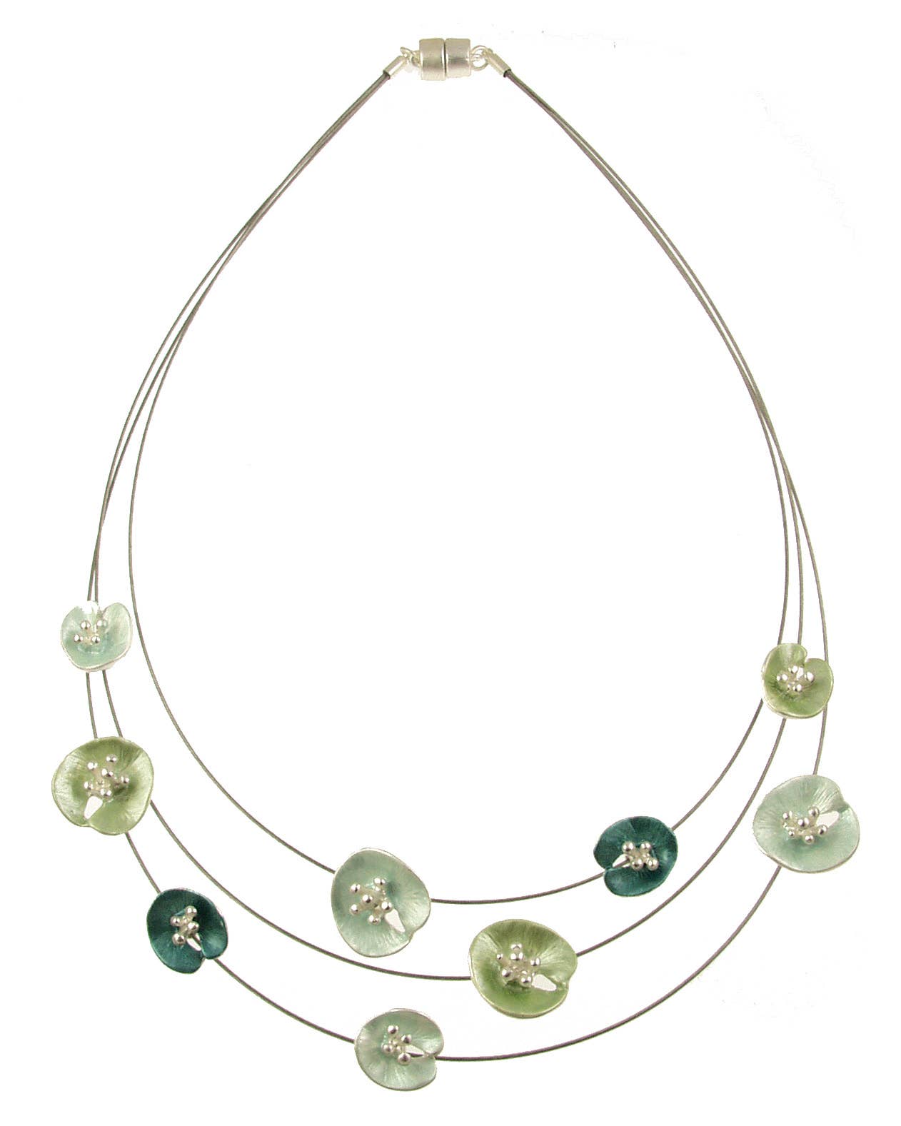 Origin Jewelry - Floral Lilypad Necklace, Three Strands, 18", Magnetic Clasp: Blue