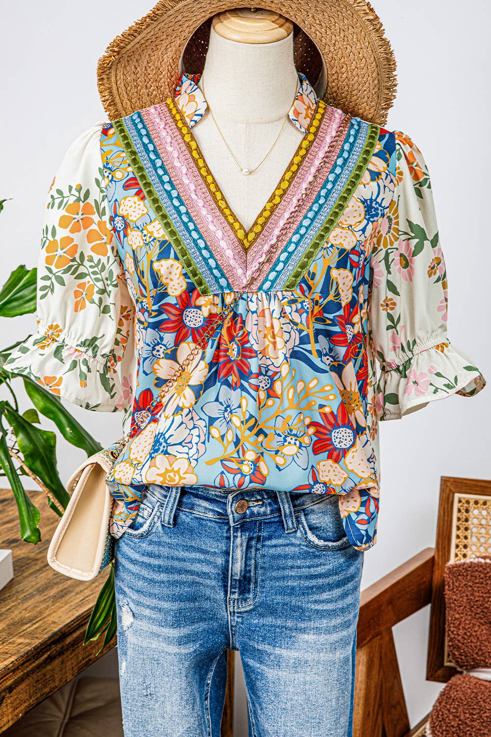 fashionworks - Crochet Boho Half Sleeve Floral Blouse-Missy & Plus Sizes
