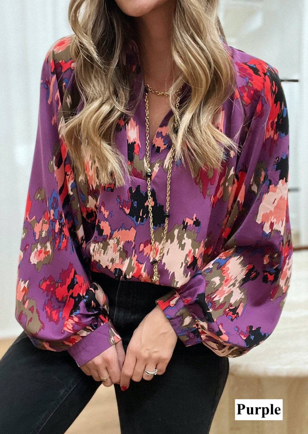 Secret Style Source - Painterly V-Neck Bubble Sleeve Top: Purple / S