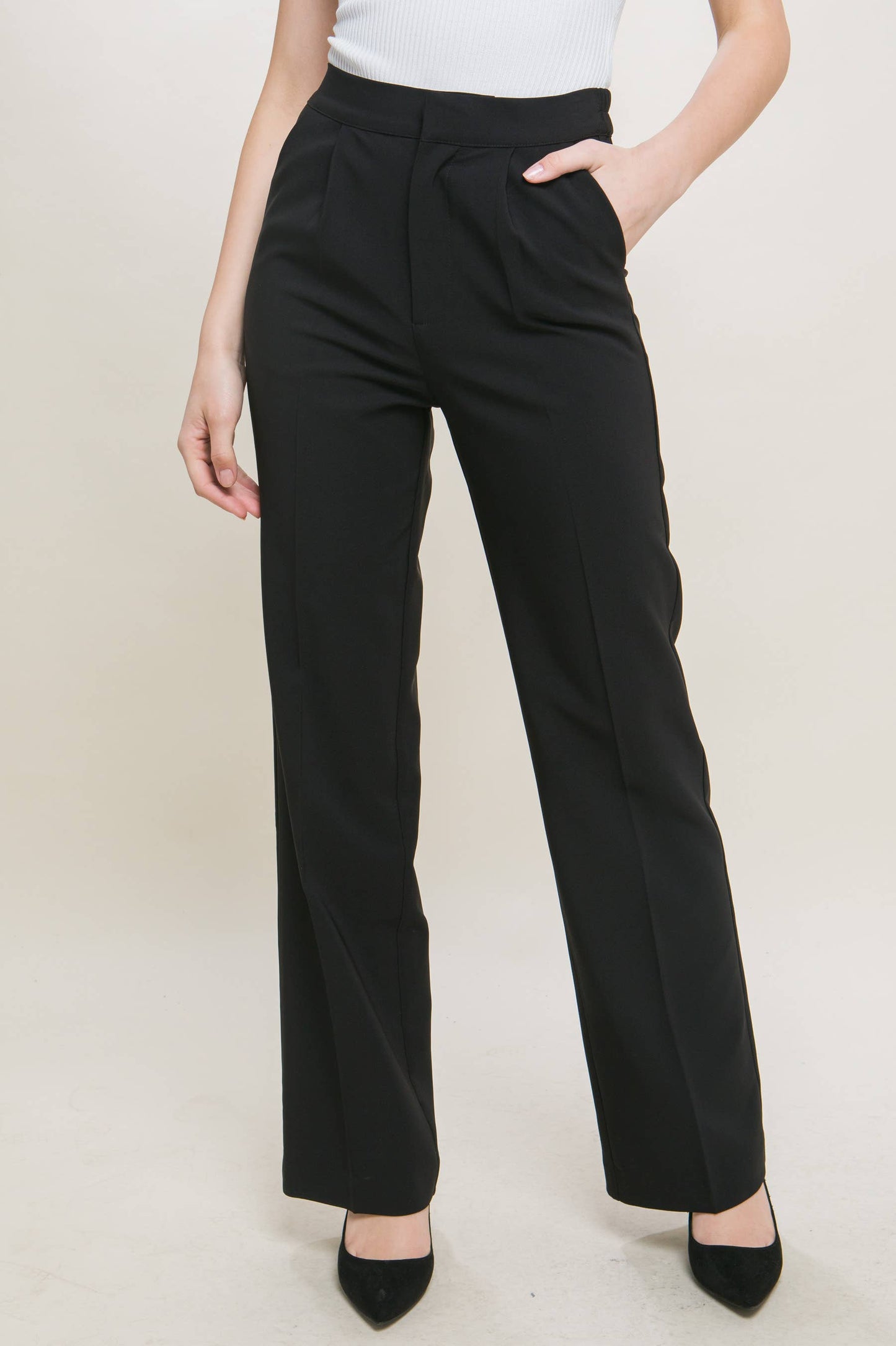 42POPS - ",...SI-25289 Regular-Fit Dress Pants w/ Elastic Back: Black-159548 / S