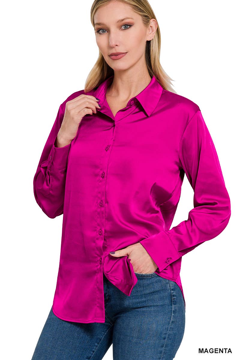 42POPS - ....SI-23622 SATIN CHARMEUSE BUTTON FRONT SHIRT: RUBY-153925 / XL