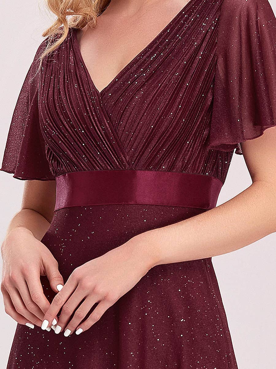 Ever-Pretty - Deep V Neck Ruffles Sleeve A Line Evening Dress: Dark Green / 24