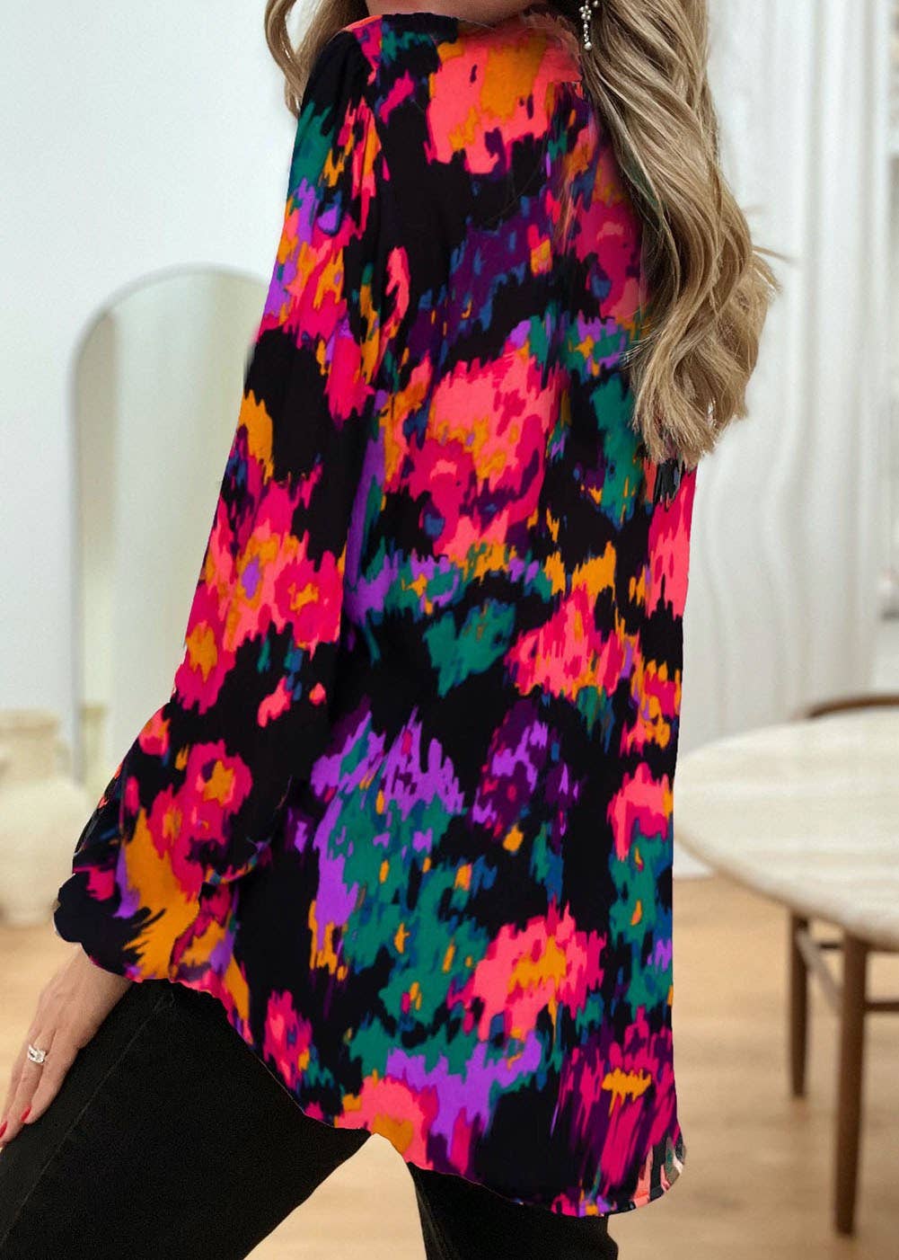 Secret Style Source - Painterly V-Neck Bubble Sleeve Top: Purple / S