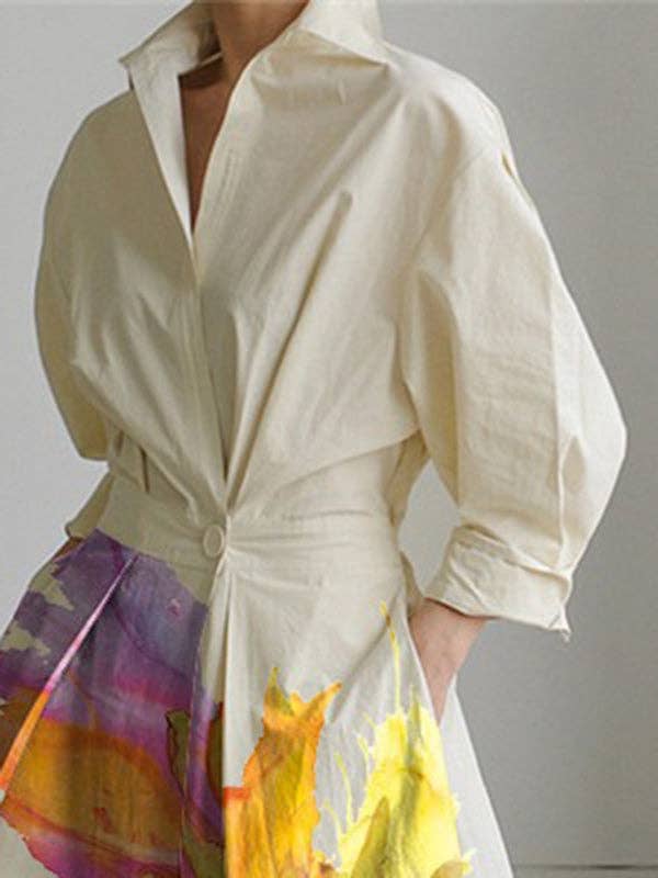 UZ Long Sleeves Loose Pleated Split-Joint Tied Waist Lapel Midi Dresses Shirt Dress: BEIGE / L