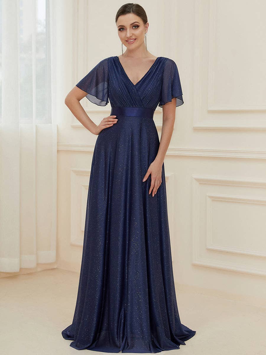 Ever-Pretty - Deep V Neck Ruffles Sleeve A Line Evening Dress: Dark Green / 24