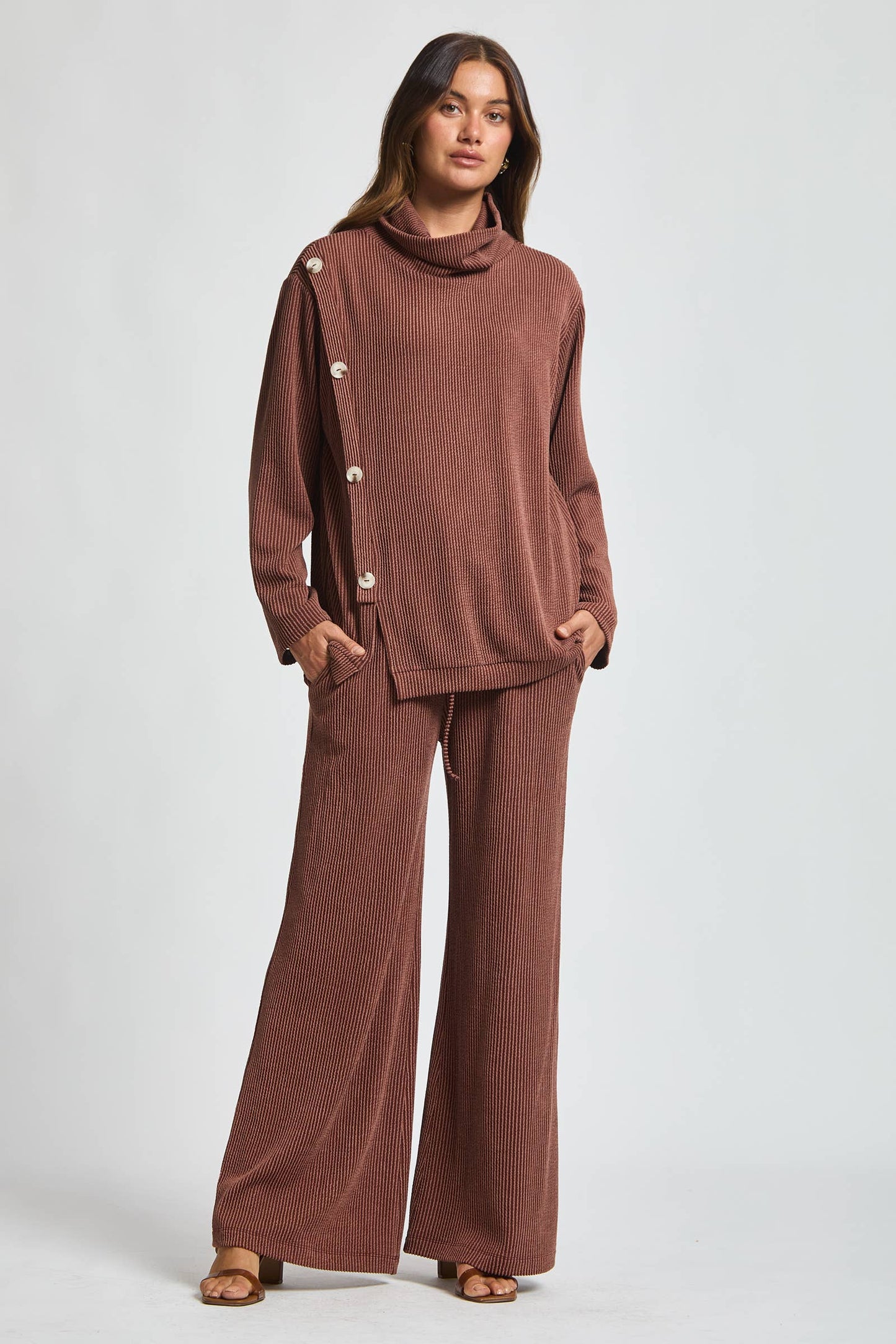 Dear Scarlett - 2-Piece Cowl Neck Ribbed Set TRVSET-LAVISH: WINE