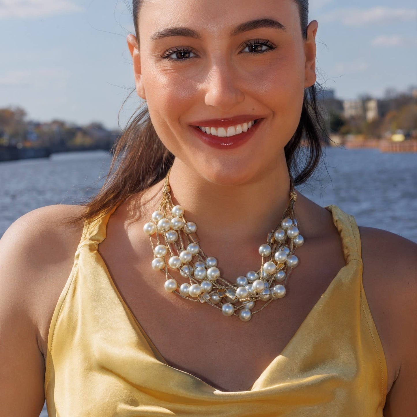 Bijoux Envie Statement Jewelry - Modern Pearl Necklace | Layered | Short | Golden | Statement