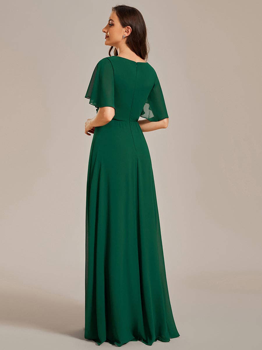 Ever-Pretty - V Neck Appliques Pleated Bridesmaid Dress: Dark Green / 24