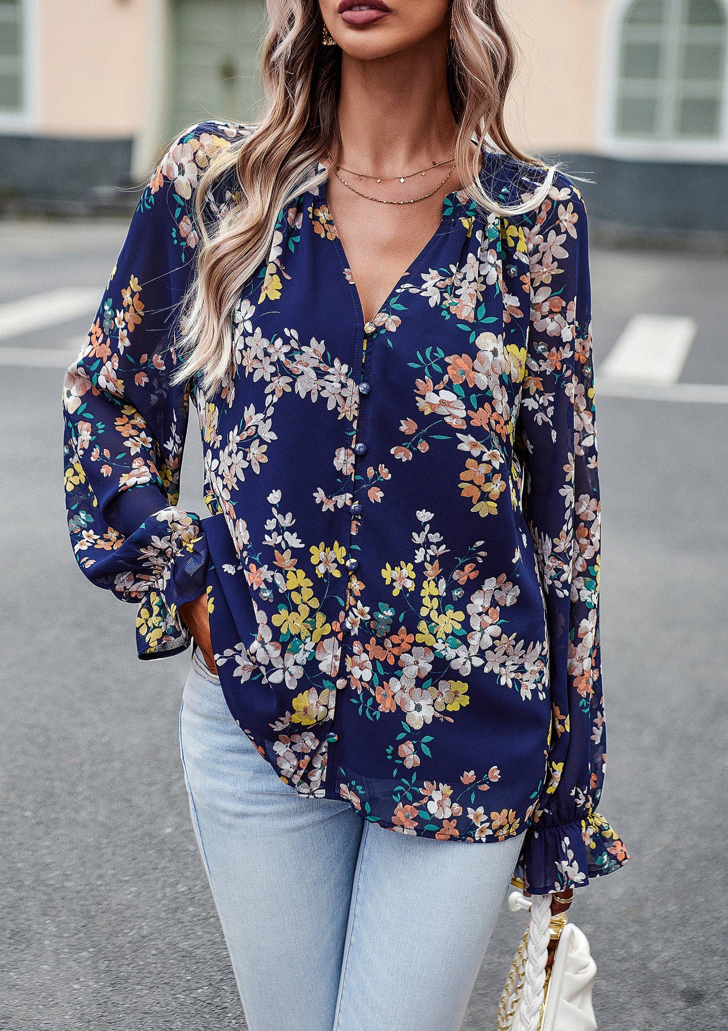 ePretty - Floral Button Down Long Sleeve Blouse SZ25-TP32012: Beige / XL