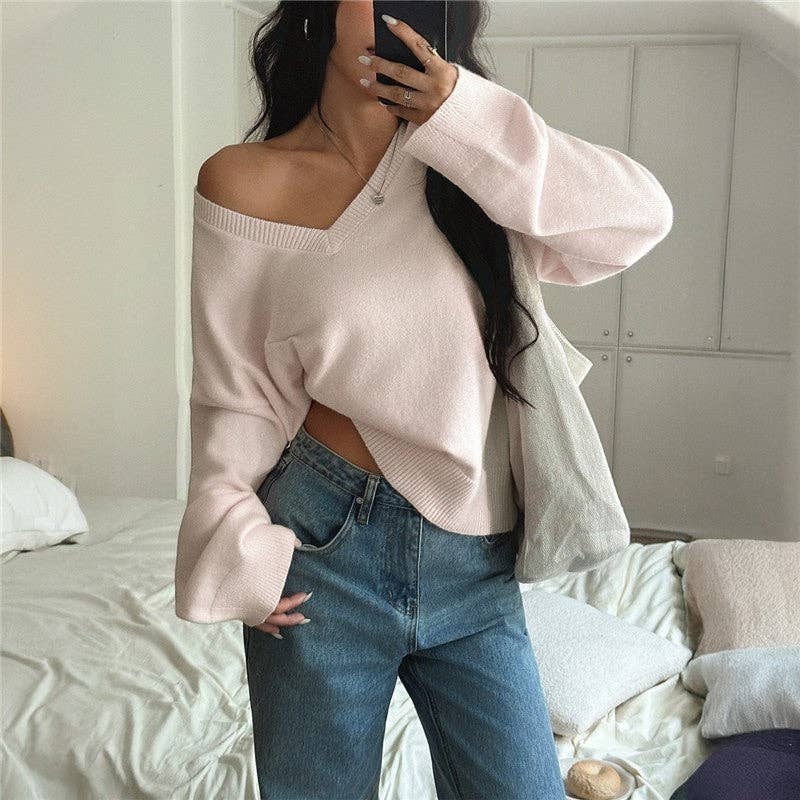 UZ V Neck Solid Color Long Sleeve Sweater: BABY BLUE