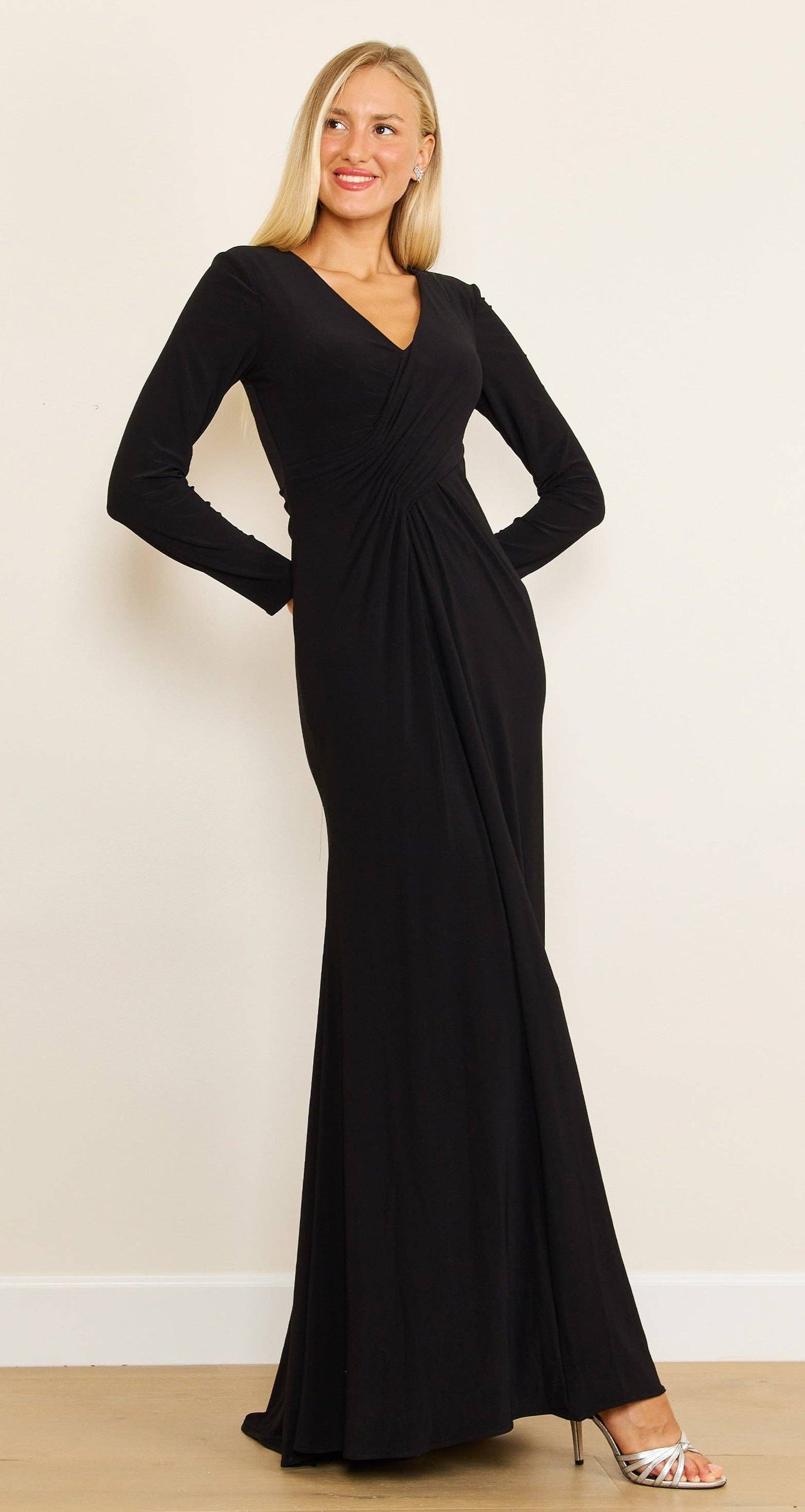 Kos Couture - Formal Stretch Evening Gown with Long Sleeves: Burgundy / 2XL