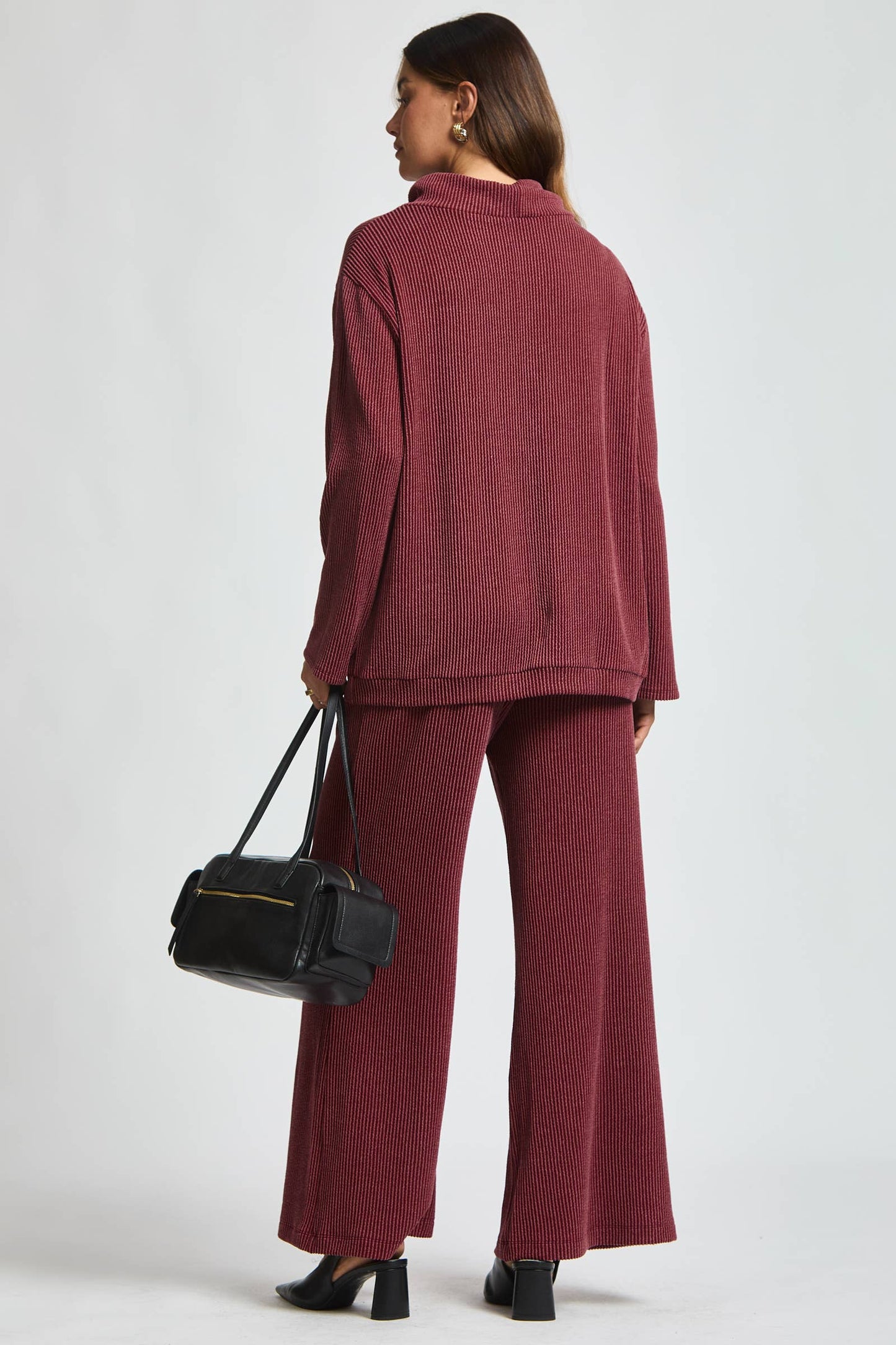 Dear Scarlett - 2-Piece Cowl Neck Ribbed Set TRVSET-LAVISH: WINE