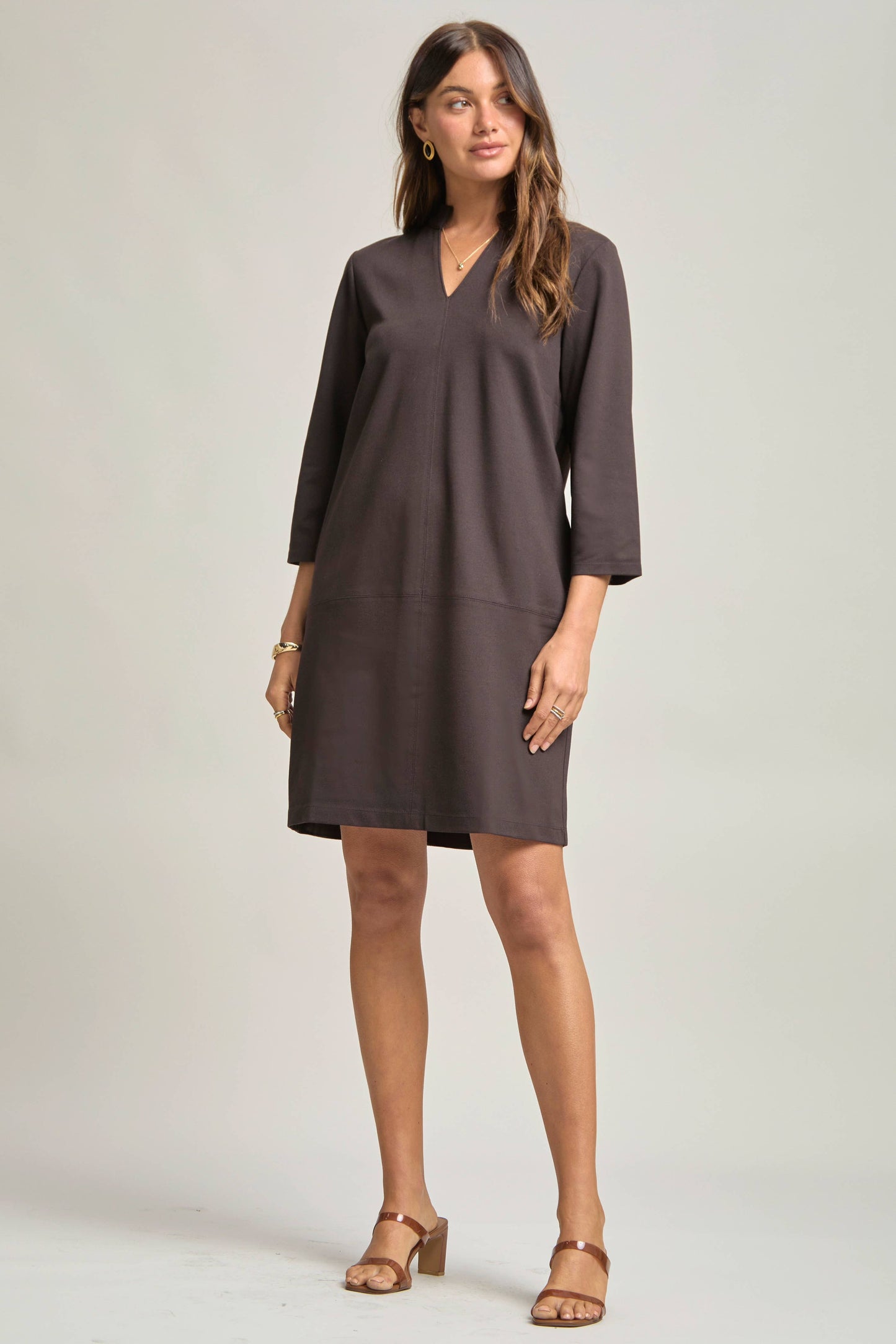 Dear Scarlett - Double Knit Ponte V-Neck A-Line Dress: CHOCOLATE