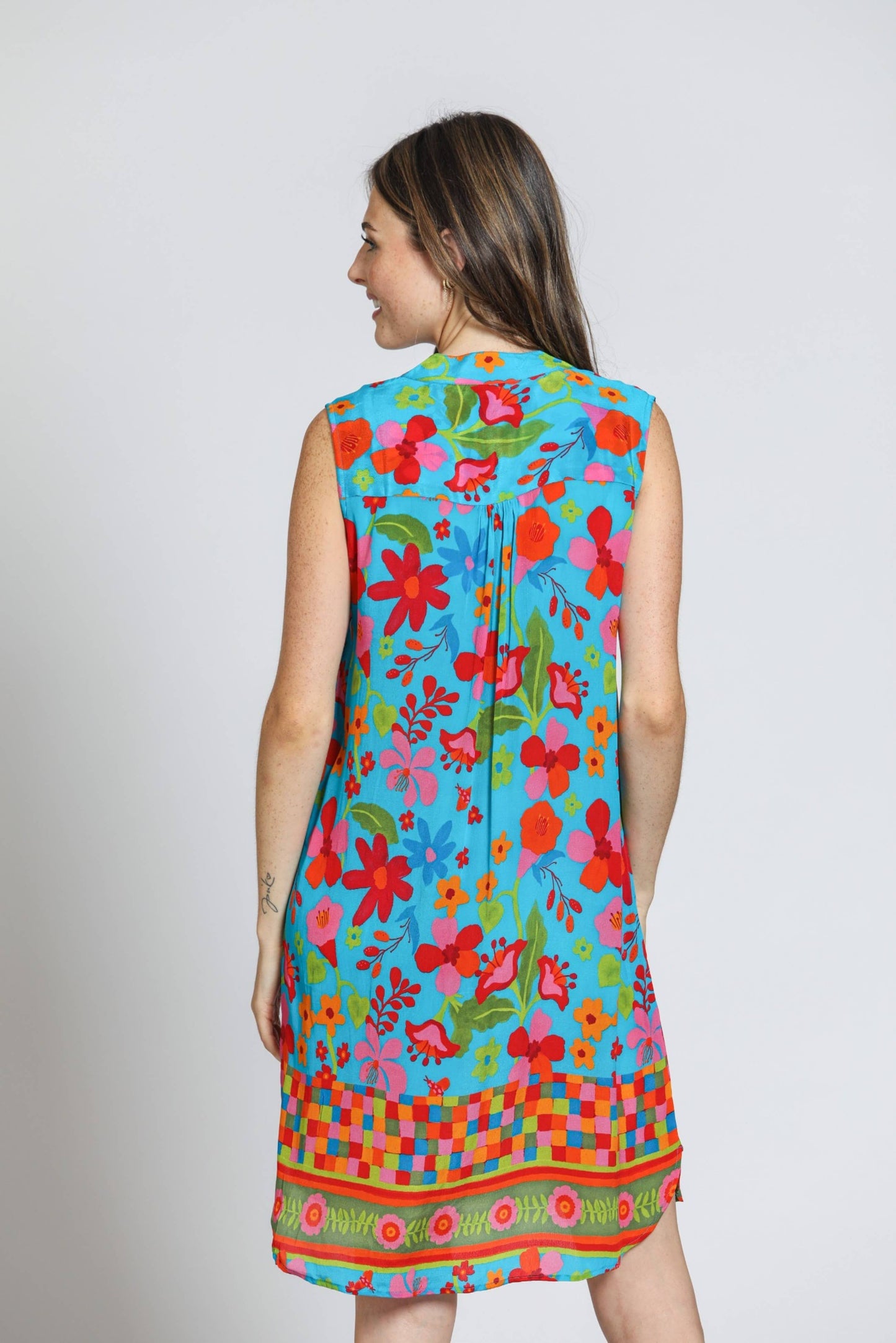 APNY - Sleeveless 1/2 Button-Up Dress - Blue Multi: Blue Multi / M