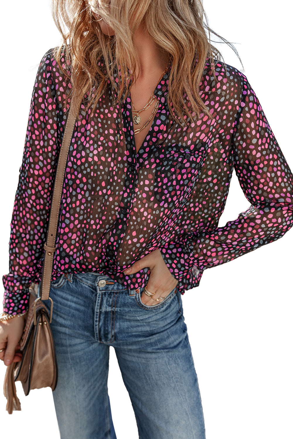 Grape Wine Polka Dot Print Buttoned Shirt