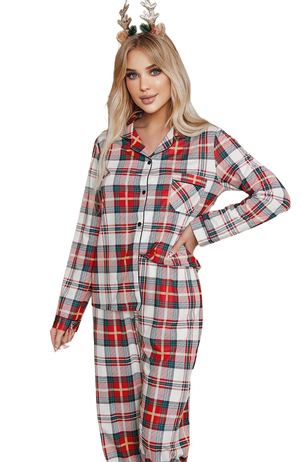 Plaid Long Sleeve Shirt and Pants Pajama Set